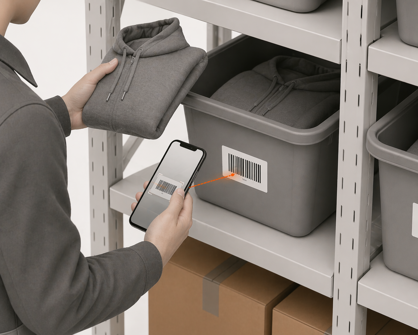 LaSyncro barcode verification in a Shopify warehouse — operator scanning product barcode to confirm correct item before pick is completed